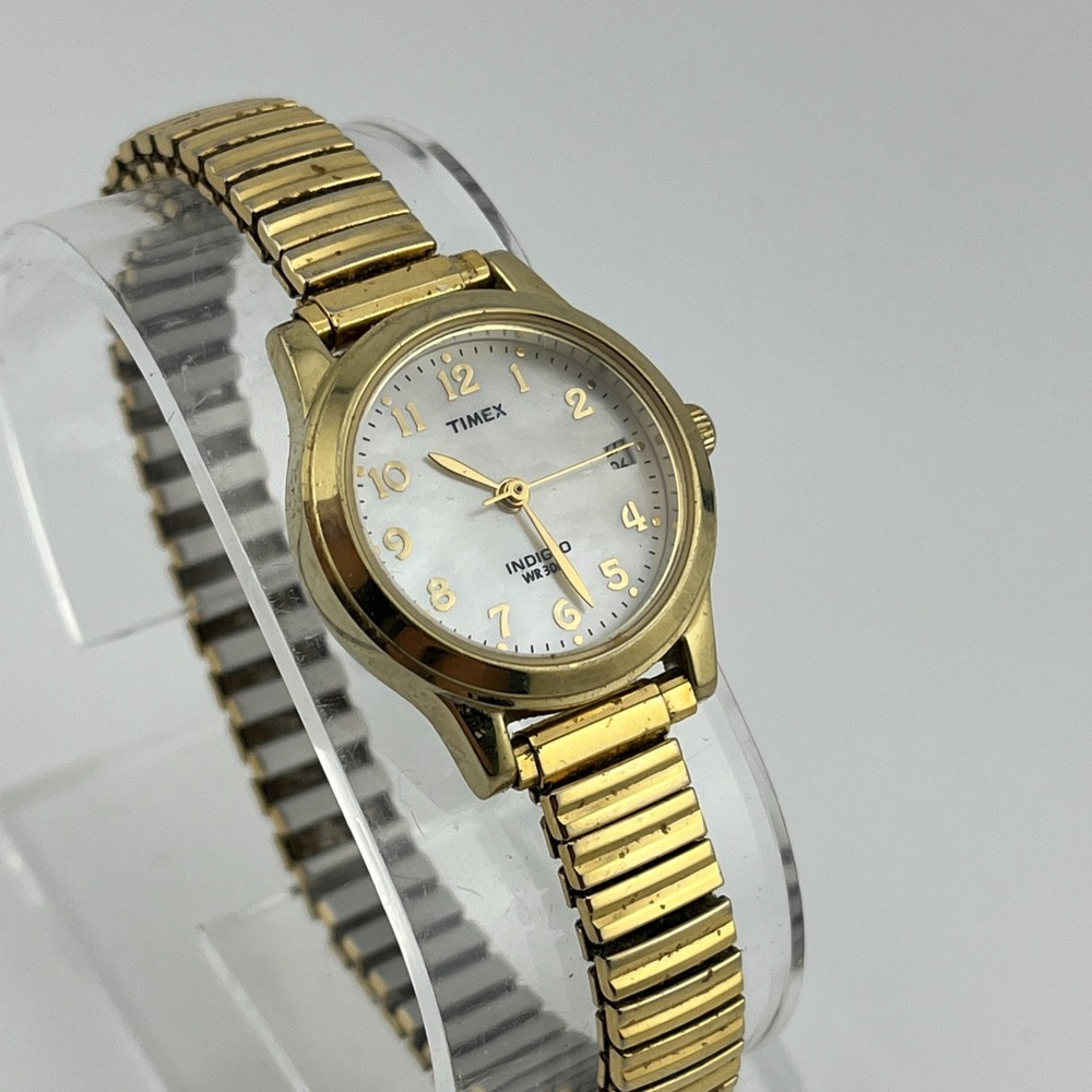 Timex Indiglo Watch Women 25mm Gold Case MOP Dial Stretch Band-‎ New Battery - Picture 2 of 8